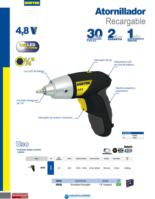 Atornillador 1/4" a batería Litio-ion 3.6 V, 4.8 Nm recargable Surtek