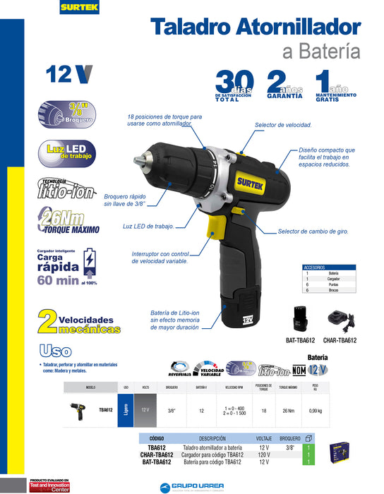 Taladro/atornillador 3/8" batería de Li-ion 12 V, 26 Nm Surtek