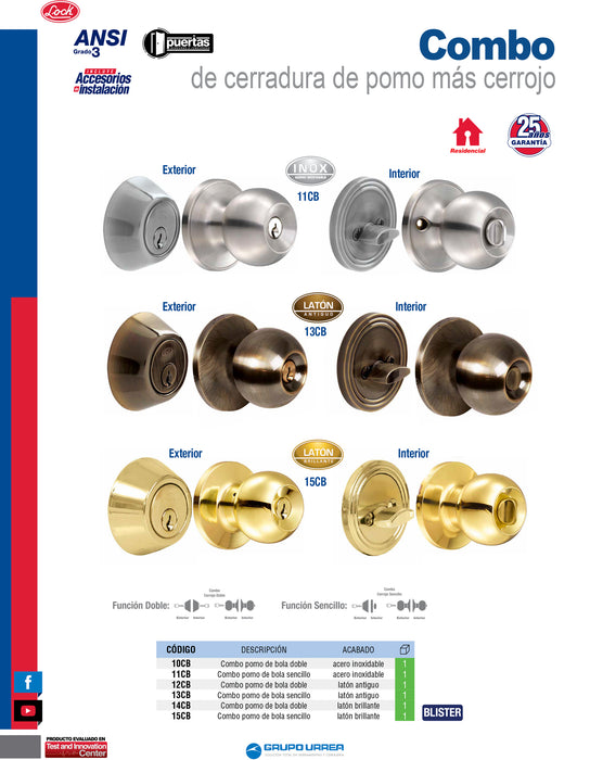 Combo de pomo tubulares de bola función doble, acero inoxidable, llave estándar, blíster Lock