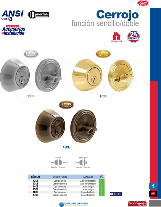 Cerrojo residencial función doble, latón brillante, llave estándar, blíster Lock