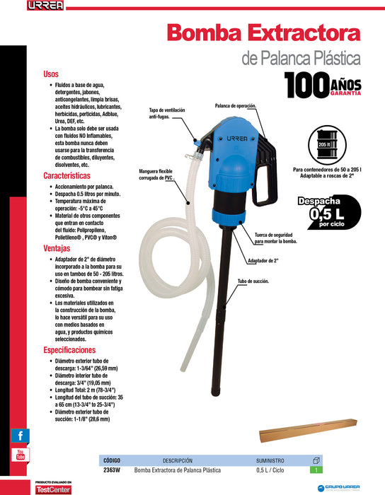 Bomba extractora de palanca plástica, suministro 500 ml por ciclo Urrea