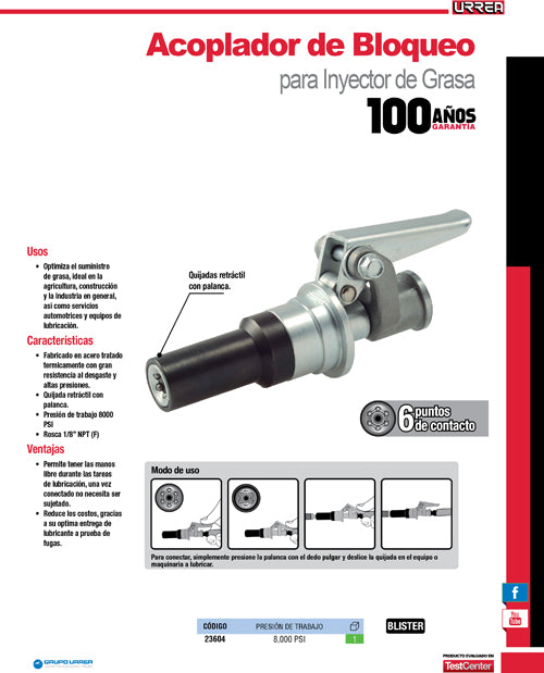 Acoplador rápido para inyector de grasa 8,000 PSI Urrea