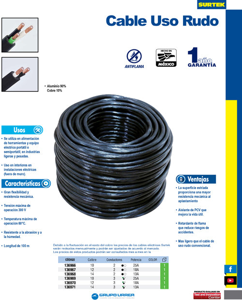Cable eléctrico CCA 2 x 14, 100 m color negro y blanco Surtek
