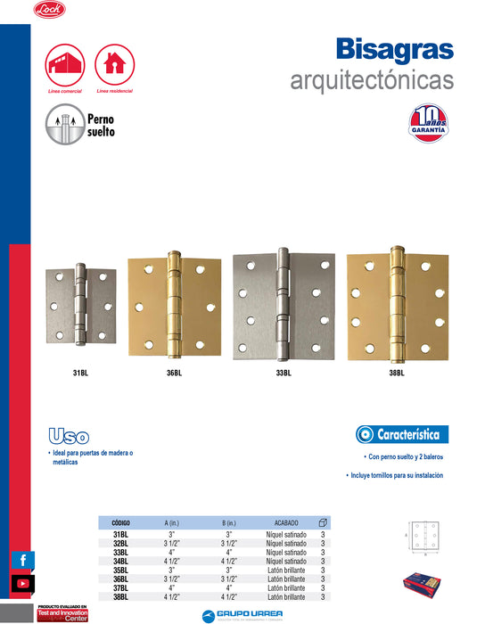 Bisagra cuadrada arquitectónica con balero de acero níquel satinado 4.5" x 4.5" Lock