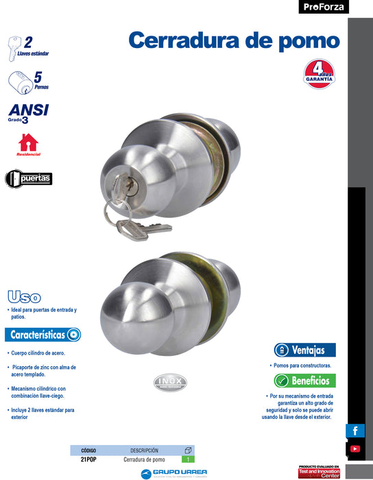 Pomo cilíndrico bola para constructora función entrada, acero inoxidable, llave std, caja Prolok