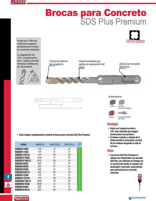 Broca para concreto de acero SDS PLUS PREMIUM 9/16" x 12" Urrea