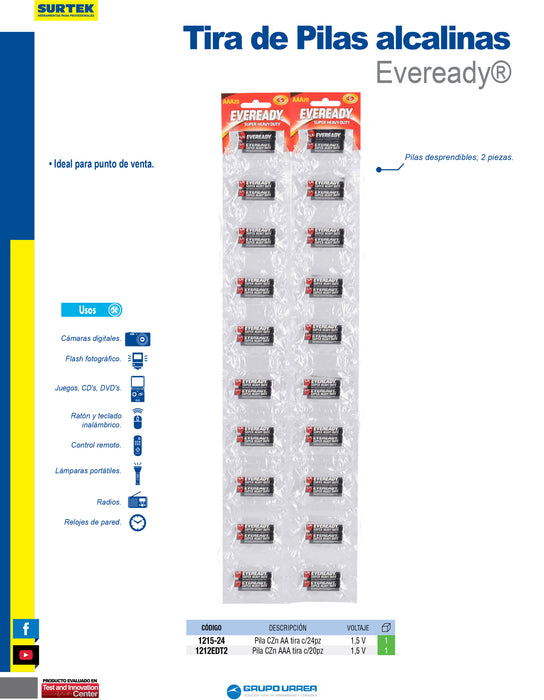 Tira de pilas alcalinas Eveready® "AAA", 20 piezas Surtek