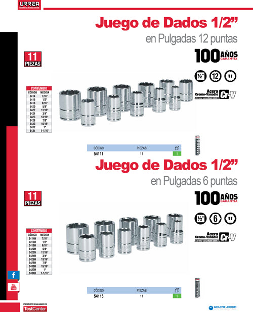 Juego de dados cuadro de 1/2", 6 puntas, en pulgadas, 11 piezas Urrea