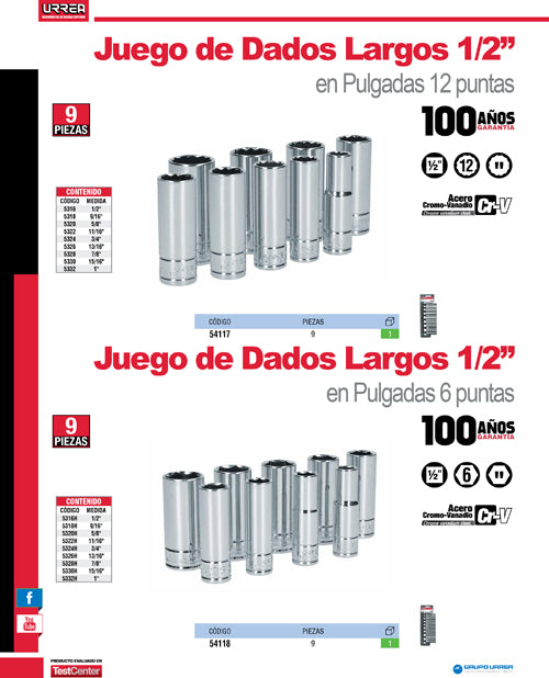 Juego de dados largos cuadro de 1/2", 6 puntas, en pulgadas, 9 piezas Urrea