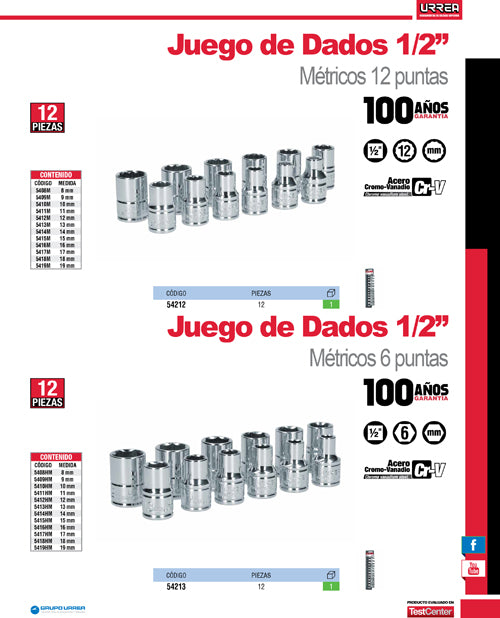 Juego de dados cuadro de 1/2", 12 puntas, métricos, 12 piezas Urrea