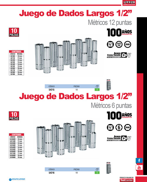 Juego de dados largos cuadro de 1/2", 6 puntas, métricos, 10 piezas Urrea