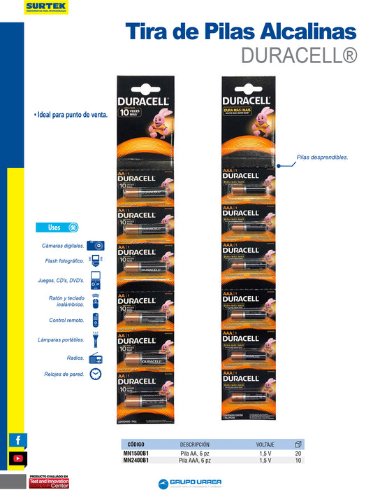 Tira de pilas alcalinas Duracell® "AA", 6 piezas Surtek