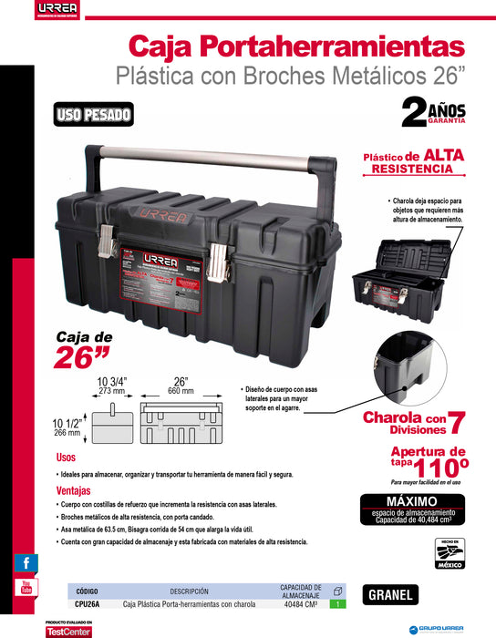 Caja portaherramientas plástica con broches metálicos color negro 26" x 10" x 10" Urrea