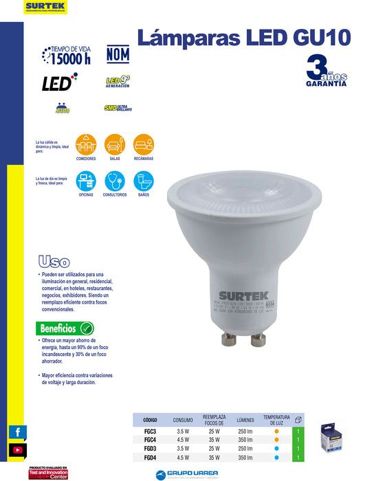 Lámpara de LED tipo GU10, 3.5 W luz de día Surtek