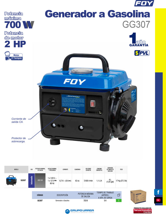 Generador a gasolina 700 W, 63 cc, voltaje de salida 120 V Foy