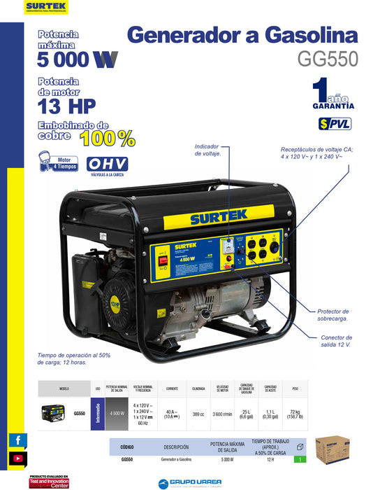 Generador a gasolina 5000 W, 389 cc, voltaje de salida 120 V Surtek