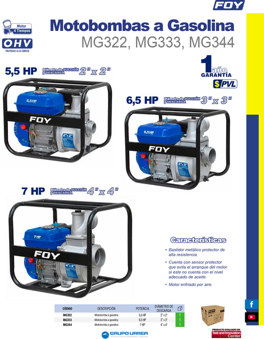 Motobomba a gasolina con diámetro de succión y descarga de 2 x 2", 5.5 HP Foy