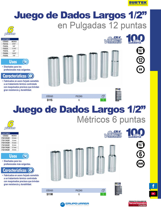 Juego de dados largos cuadro de 1/2", 6 puntas, métricos, 6 piezas Surtek