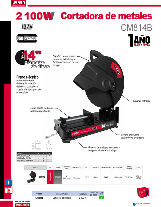 Cortadora de metales 14" 2100 W 127 V, 3800 RPM Urrea