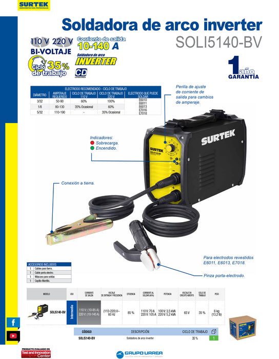 Soldadora inverter para electrodos de 1 fase bi voltaje 110 - 220 V, 140 A Surtek