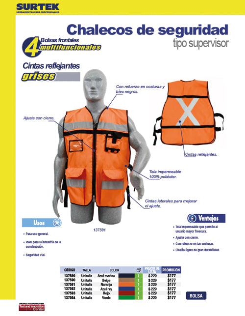 Chaleco de seguridad tipo supervisor abierto con reflejante naranja unitalla Surtek