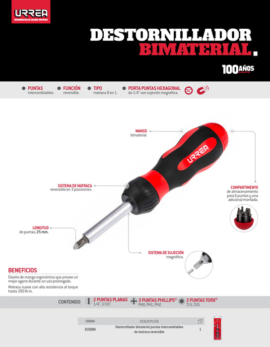 Destornillador con mango bimaterial de matraca con puntas intercambiables 8 en 1 Urrea