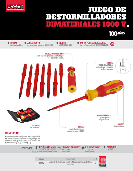 Juego de destornilladores con mango bimaterial y puntas intercambiables 1000 V, 10 piezas Urrea
