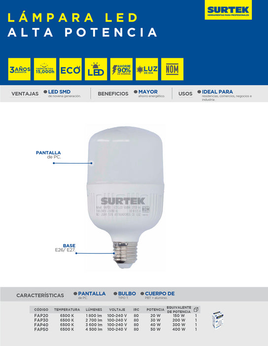 Lámpara de LED alta potencia, 20 W Surtek
