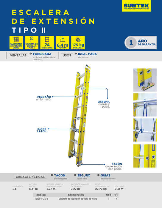 Escalera de extensión tipo II de fibra de vidrio con 24 peldaños Surtek