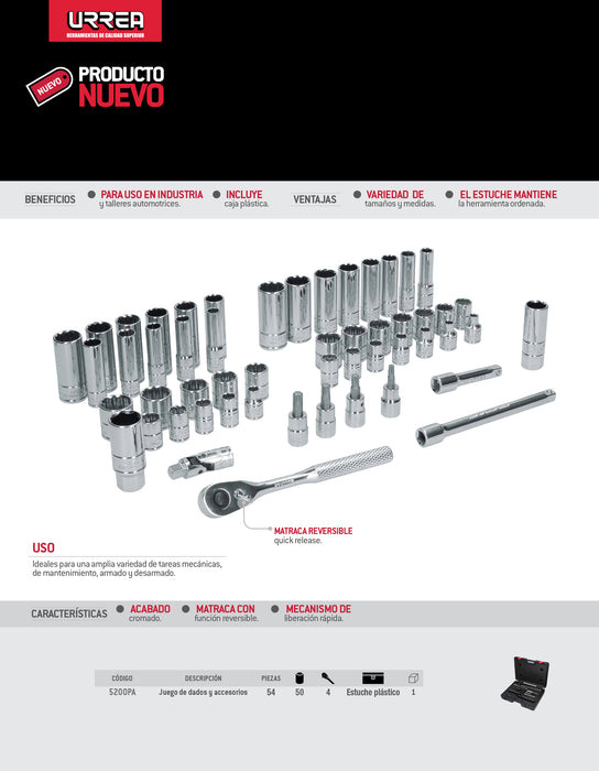 Juego de dados y accesorios cuadro de 3/8" combinado, 54 piezas Urrea