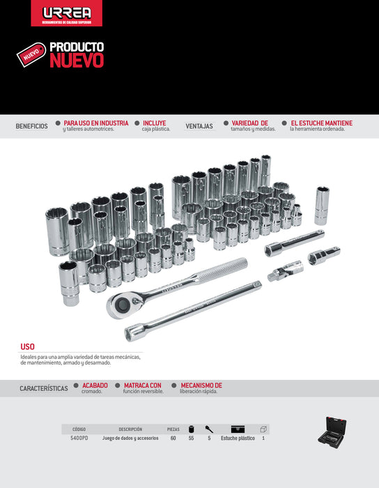 Juego de dados y accesorios cuadro de 1/2" combinado, 60 piezas Urrea