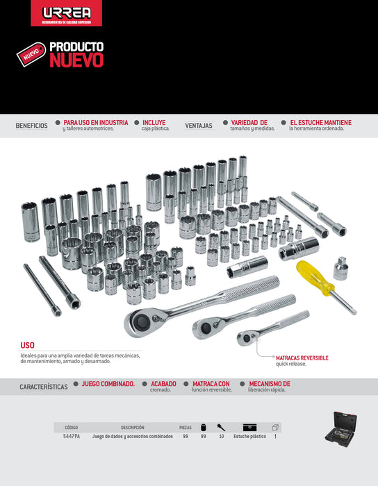 Juego de dados y accesorios cuadro de 1/4", 3/8" y 1/2" combinado, 99 piezas Urrea
