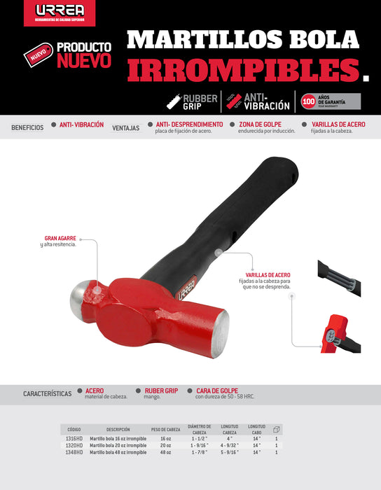 Martillo de bola irrompible con mango Rubber grip de 14", 20 oz Urrea