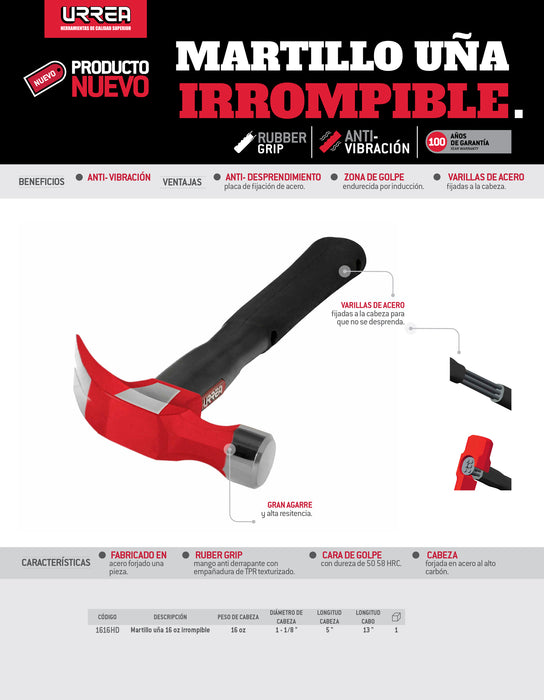 Martillo de uña irrompible con mango anti-vibración texturizado de 13", 16 oz Urrea