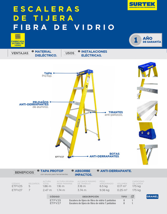 Escalera de tijera tipo II de fibra de vidrio con 5 peldaños Surtek
