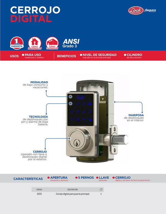 Cerrojo digital panel touch, llave estándar Lock