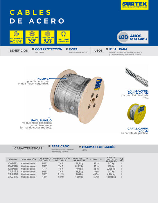 Cable de acero con guardacabo 5/16" x 457 m construcción de 7 x 19 Surtek