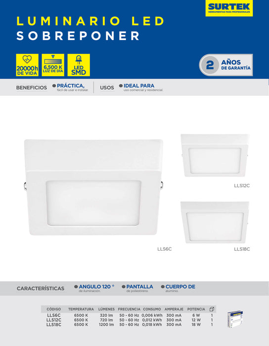 Luminario de LED de sobreponer cuadrado 6 W, luz fría Surtek