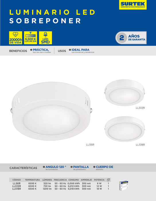 Luminario de LED de sobreponer redondo 6 W, luz fría Surtek