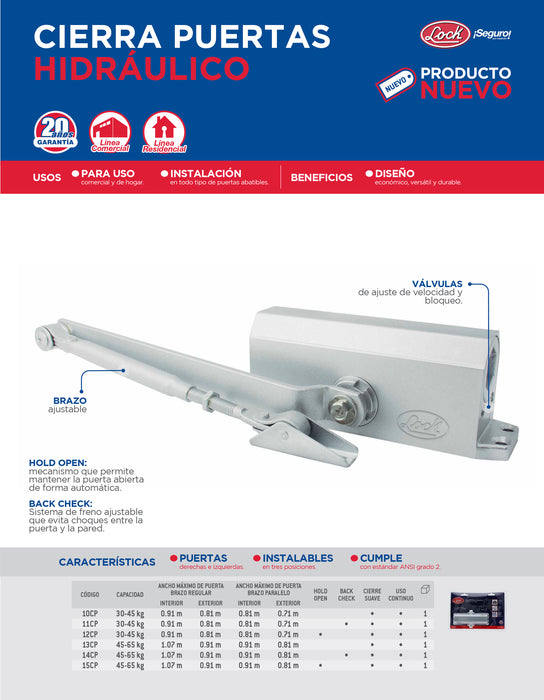 Cierrapuertas hidráulico con capacidad de 45-65 Kg, 180° apertura en espera Lock