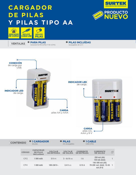 Cargador de pilas "AAA" y "AA", con 2 pilas "AA" Surtek