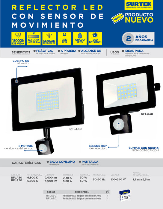 Reflector de LED SMD delgado con sensor 30 W de 2,400 lm Surtek