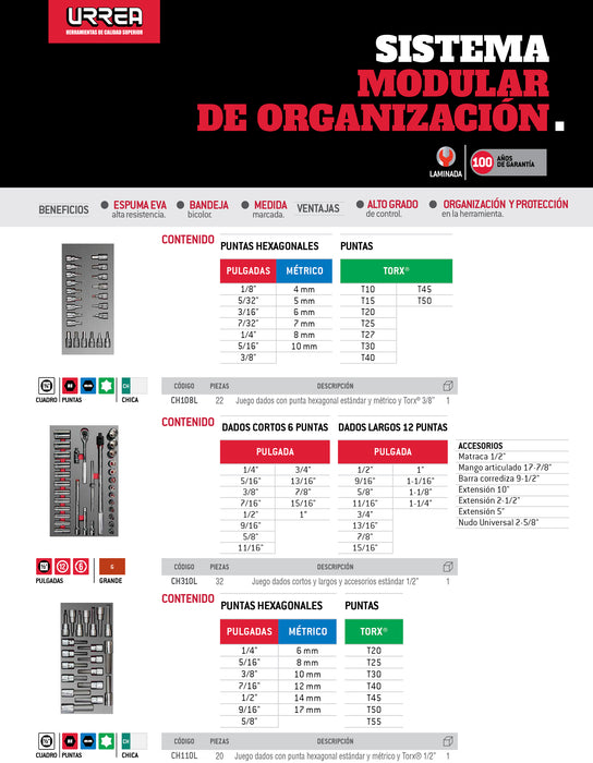 Juego de dados cortos,largos y accesorios de 1/2" en pulgadas 32 piezas, CH310L-C Urrea