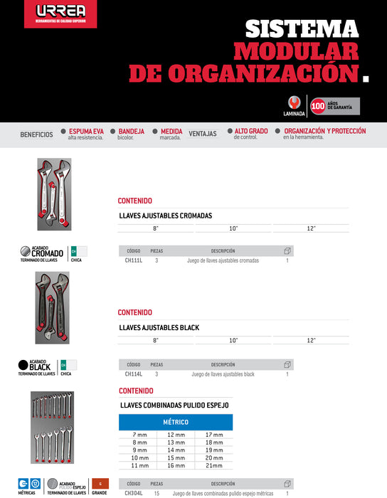 Juego de llaves ajustables fosfatizadas con cubierta laminada 3 piezas, CH114L-C Urrea