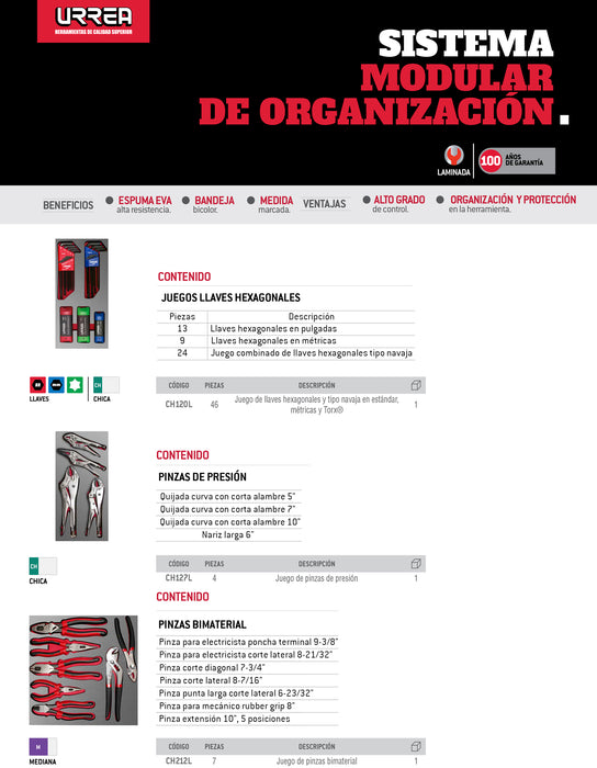 Juego de pinzas de presión 4 piezas, charola CH127L-C Urrea