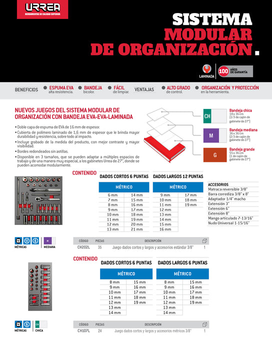 Juego de dados cortos y largos cuadro de 3/8" métricos 24 piezas, CH107L-C Urrea