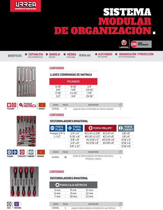 Juego de destornilladores mango bimaterial de caja métricos 9 piezas, CH210L-C Urrea