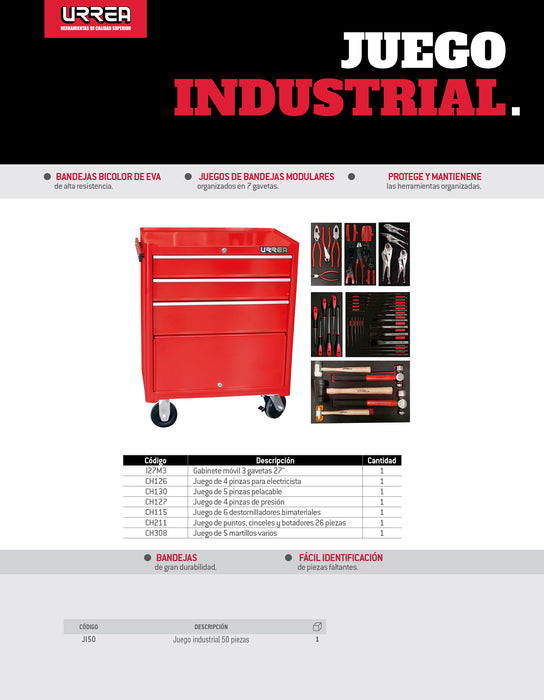 Juego industrial con organización modular de 3 gavetas 50 piezas, con gabinete I27M3 Urrea
