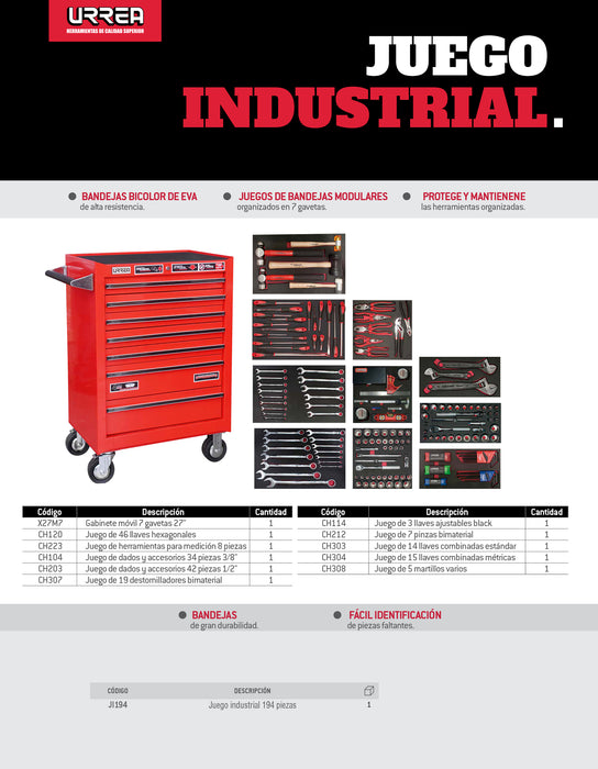 Juego industrial con organización modular de 7 gavetas 194 piezas, con gabinete X27M7 Urrea