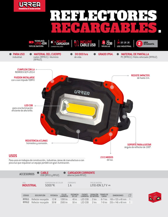 Reflector de LED recargable 30 W de 2,500 lm Urrea